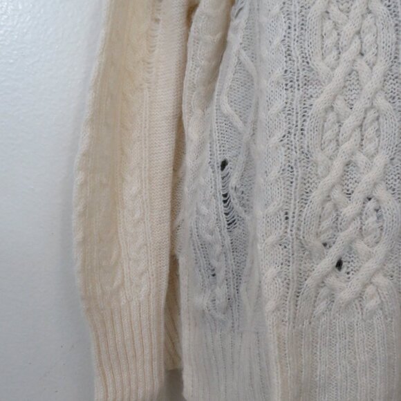 Free People Size Medium Distressed Cable Knit Sweater Ivory Destroyed Funnel - Picture 4 of 7